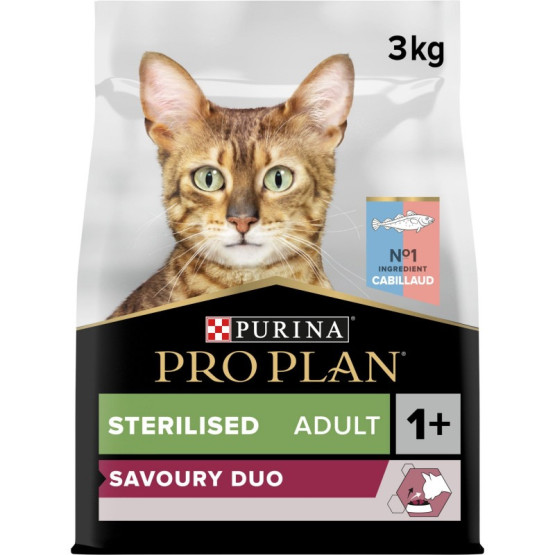 Purina Pro Plan Cat Sterilised Adult Savoury Duo Cabillaud / Truite- Sac de 3 kg - placedesvetos.com