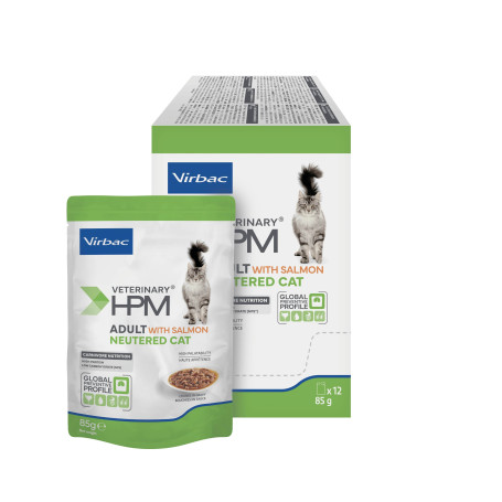 Veterinary HPM Cat Adult Neutered Salmon Bouch. Sach.re. New