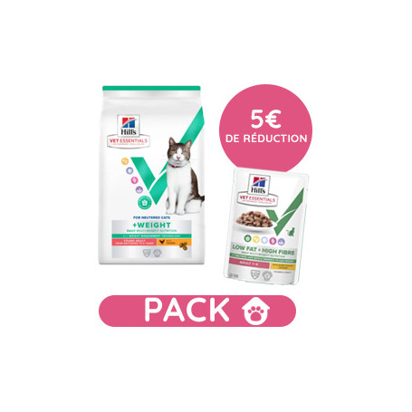 Pack Hill's Vet Essentials Chat Multi-Benefit + Weight Young Adult Poulet sac 3kg avec 12 sachets