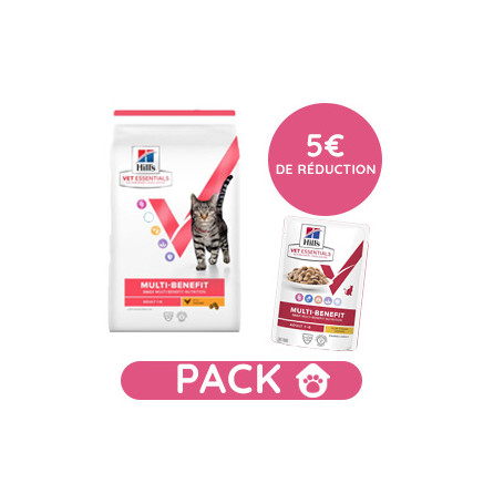 Pack Hill's Vet Essentials Chat Multi-Benefit Adult 1+ Poulet sac 6,5kg avec 12 sachets