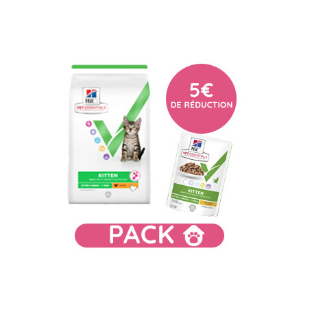 Pack Hill's Vet Essentials Chat Kitten Croquettes au Poulet sac 3 kg avec 12 sachets