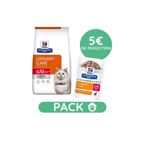 Pack Hill's Prescription Diet C/D Urinary Stress Croquettes pour Chat au Poulet 8 kg avec 12 sachets