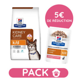 Pack Hill's Prescription Diet K/D Kidney Croquettes pour Chat au Thon 3 kg avec 12 sachets saumon