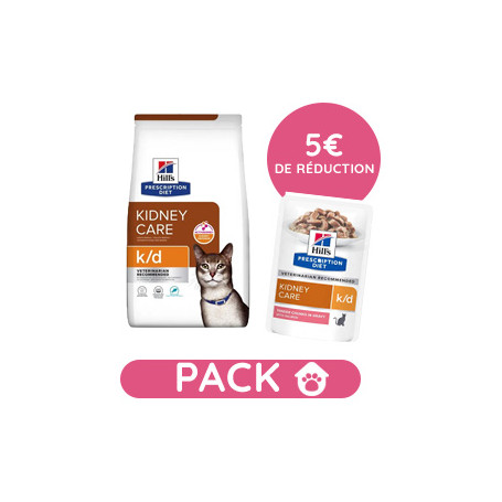 Pack Hill's Prescription Diet K/D Kidney Croquettes pour Chat au Thon 3 kg avec 12 sachets saumon