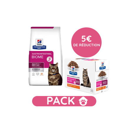 Pack Hill's Prescription Diet Gastrointestinal Biome Croquettes pour Chat au Poulet 3 kg avec 12 sachets